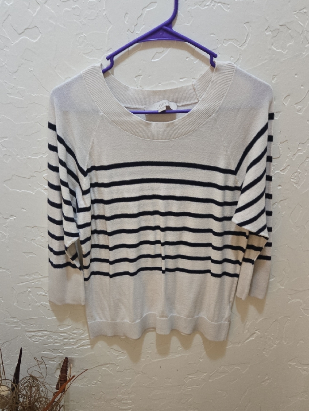 LOFT Ivory and Black Striped Scoop Neck Sweater